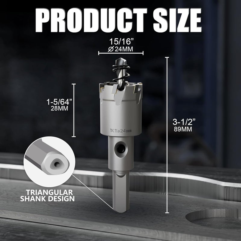 GSTK Heavy Duty Carbide Hole Saw Set, 15/16” (24mm), Extra Deep Cutting Depth of 1.1 Inches (28mm) - Ideal for Stainless Steel, Mild Steel, Iron, Copper, Brass, and Plastic - Image 2